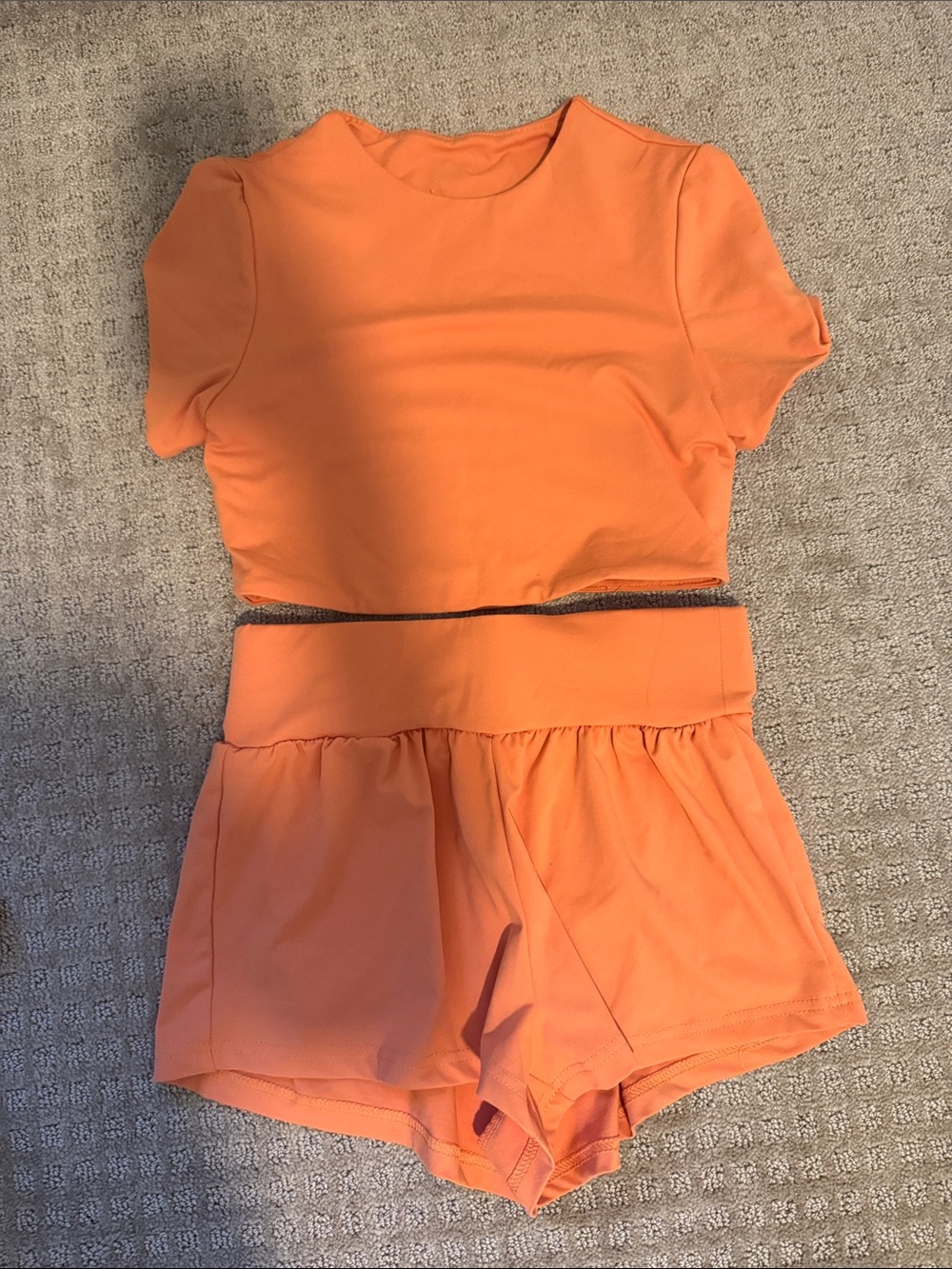 Womens Orange Two-Piece Active Set - Crop Top & Shorts